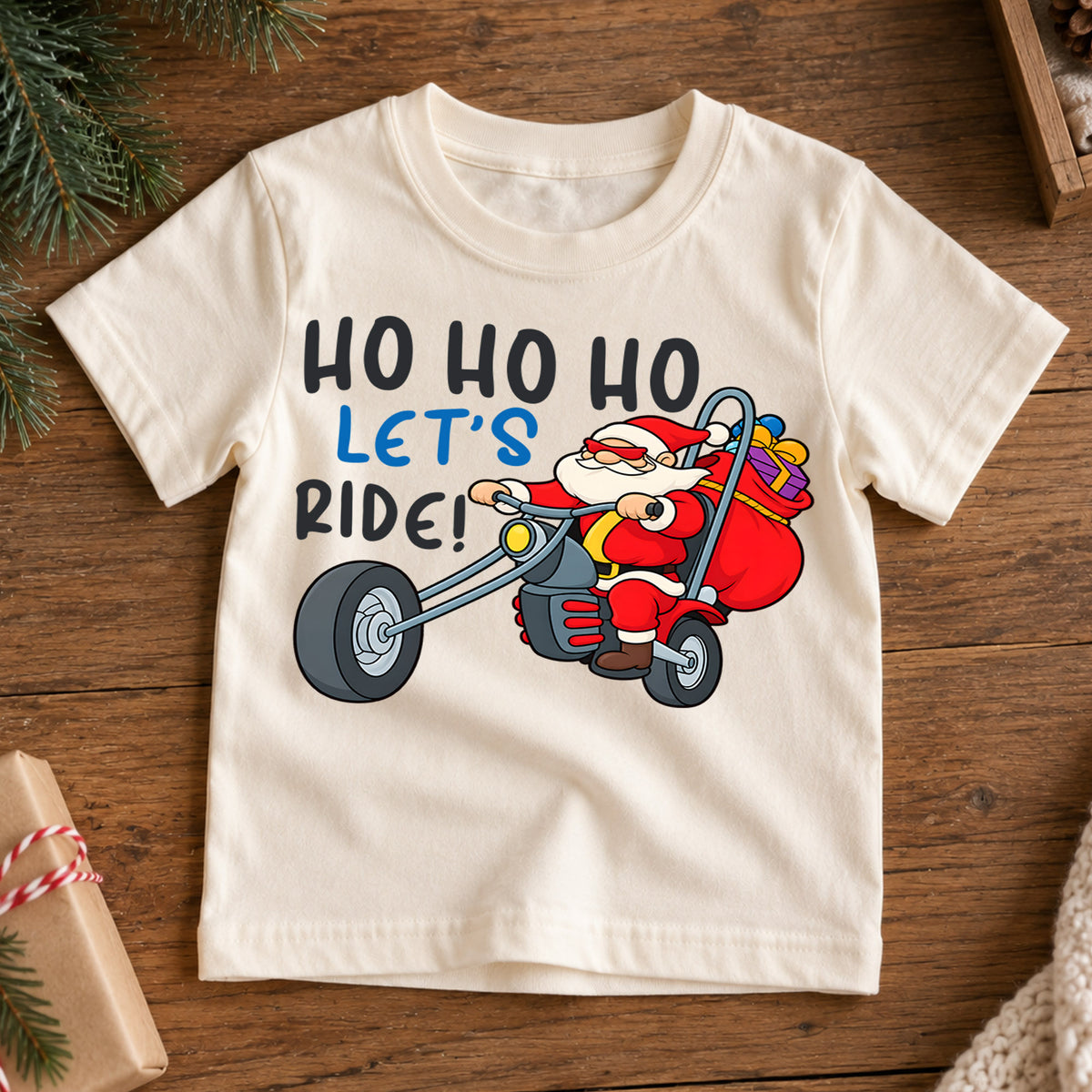 Ho Ho Ho Let's Ride Kids Christmas Shirt, Santa Motorcycle Holiday Tee, Funny Biker Santa Xmas T Shirt, Christmas Gift for Kids — product view 7