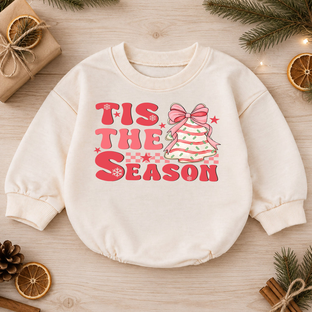 Pink Christmas Baby Romper, Tis the Season Bow Tree Outfit, Cute Holiday Romper for Toddler Girl, Baby 1st Christmas Gift — product view 1