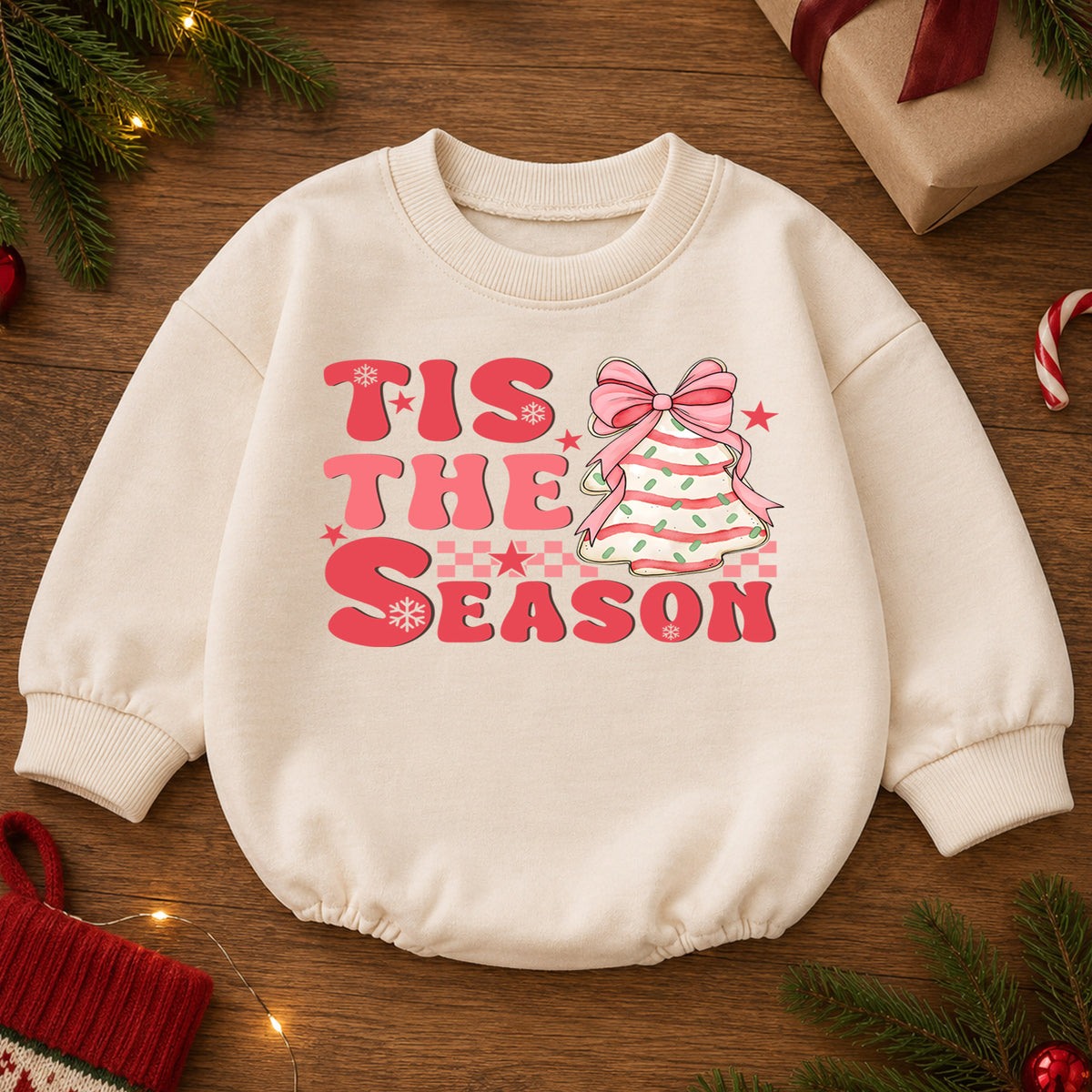 Pink Christmas Baby Romper, Tis the Season Bow Tree Outfit, Cute Holiday Romper for Toddler Girl, Baby 1st Christmas Gift — product view 2