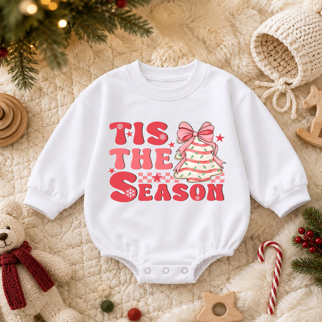 Pink Christmas Baby Romper, Tis the Season Bow Tree Outfit, Cute Holiday Romper for Toddler Girl, Baby 1st Christmas Gift — product view 3