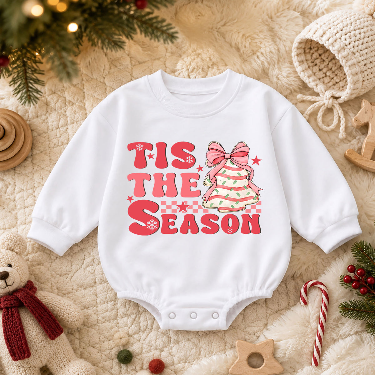 Pink Christmas Baby Romper, Tis the Season Bow Tree Outfit, Cute Holiday Romper for Toddler Girl, Baby 1st Christmas Gift — product view 3
