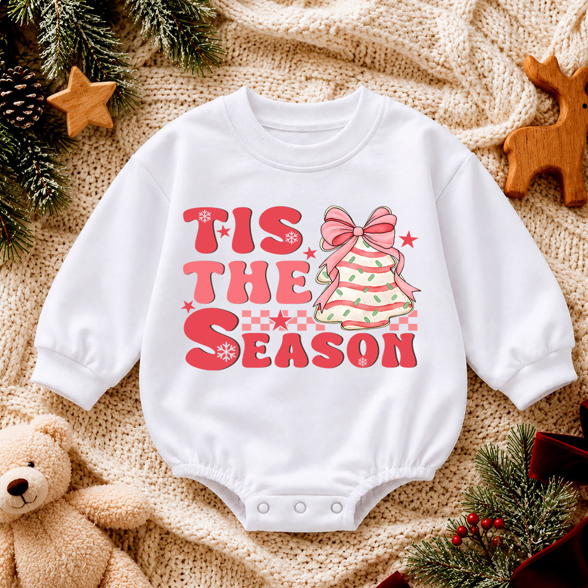Pink Christmas Baby Romper, Tis the Season Bow Tree Outfit, Cute Holiday Romper for Toddler Girl, Baby 1st Christmas Gift — product view 4