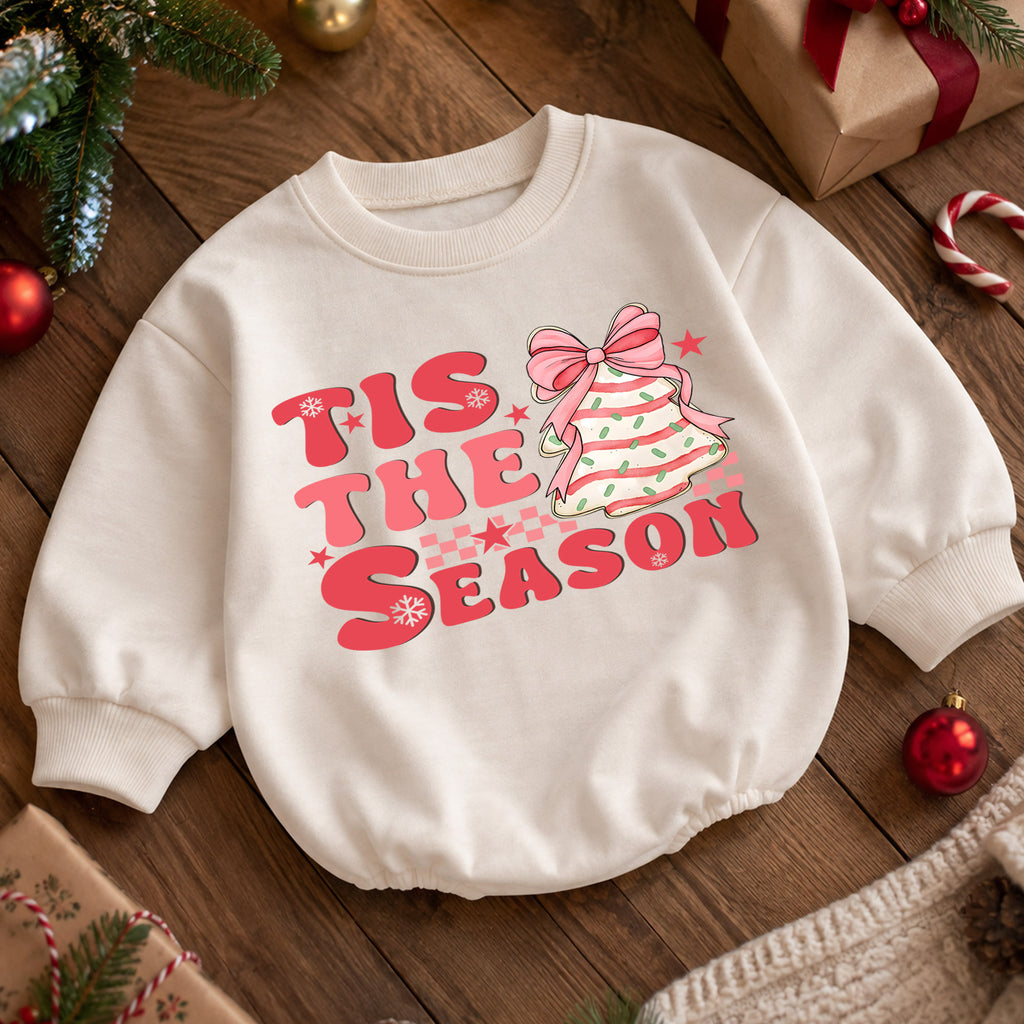 Pink Christmas Baby Romper, Tis the Season Bow Tree Outfit, Cute Holiday Romper for Toddler Girl, Baby 1st Christmas Gift — product view 5