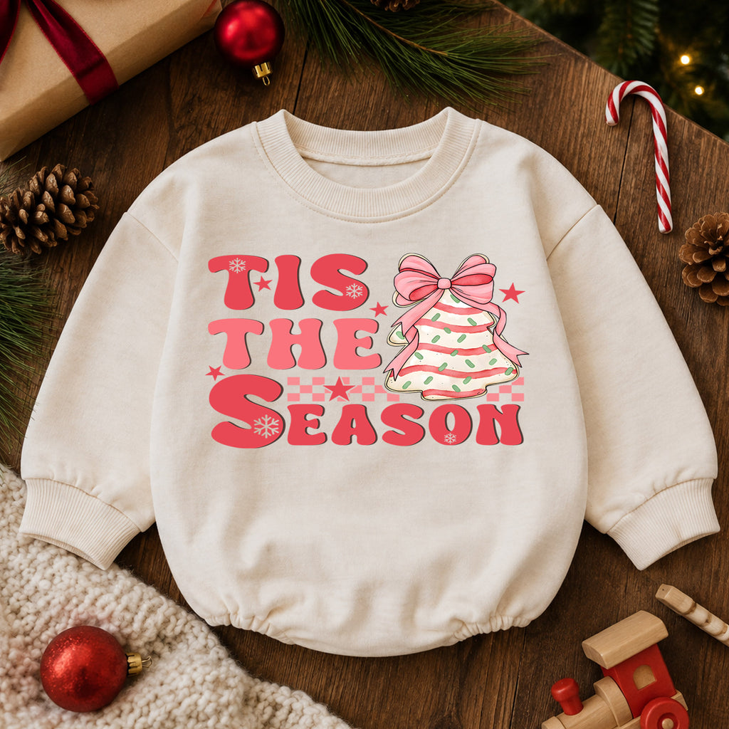 Pink Christmas Baby Romper, Tis the Season Bow Tree Outfit, Cute Holiday Romper for Toddler Girl, Baby 1st Christmas Gift — product view 6