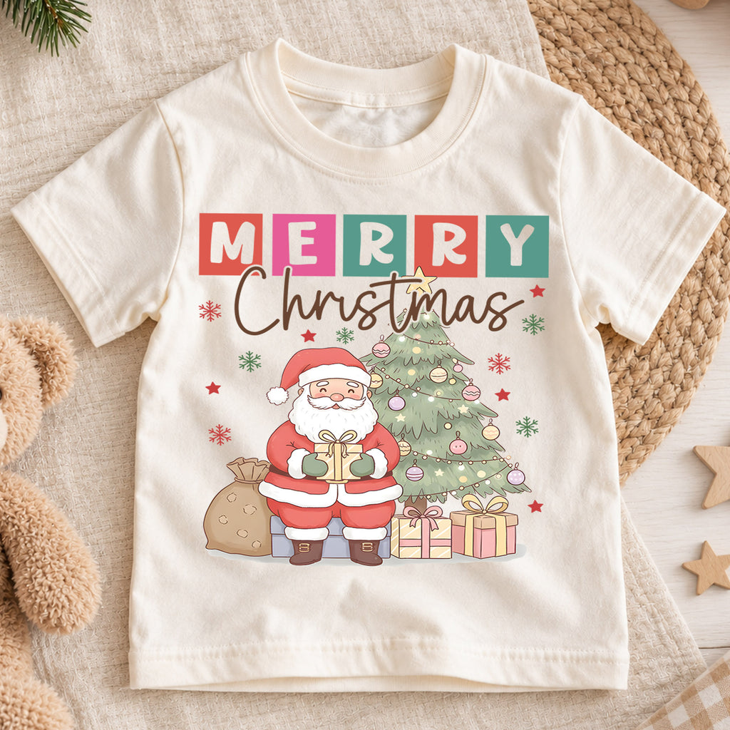 Merry Christmas Kids Shirt, Cute Santa Christmas Tree Tee, Pastel Holiday T Shirt, Festive Christmas Gift for Kids — product view 1