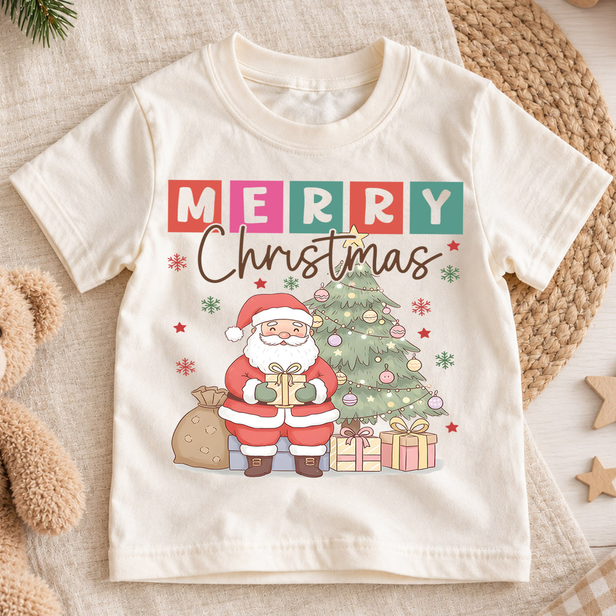 Merry Christmas Kids Shirt, Cute Santa Christmas Tree Tee, Pastel Holiday T Shirt, Festive Christmas Gift for Kids — product view 1