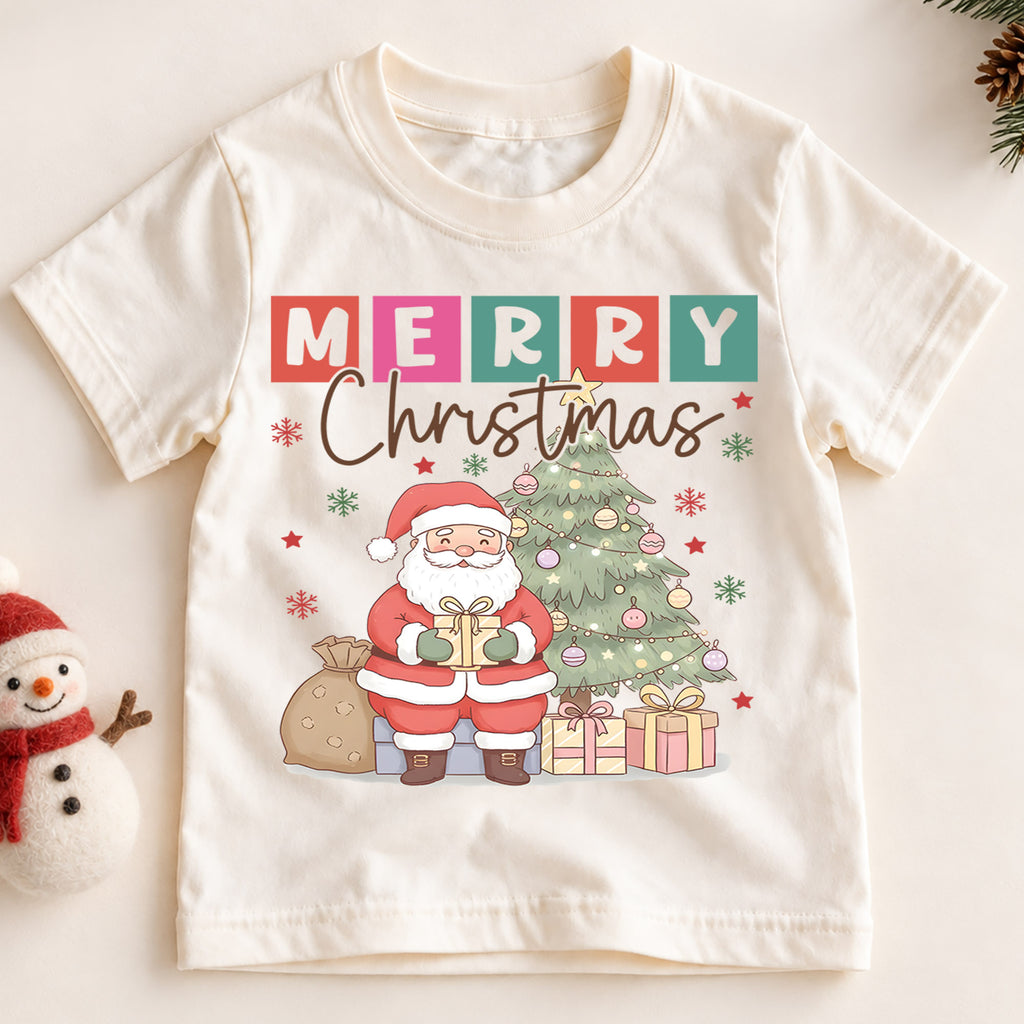 Merry Christmas Kids Shirt, Cute Santa Christmas Tree Tee, Pastel Holiday T Shirt, Festive Christmas Gift for Kids — product view 2