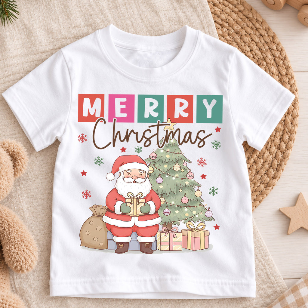 Merry Christmas Kids Shirt, Cute Santa Christmas Tree Tee, Pastel Holiday T Shirt, Festive Christmas Gift for Kids — product view 3