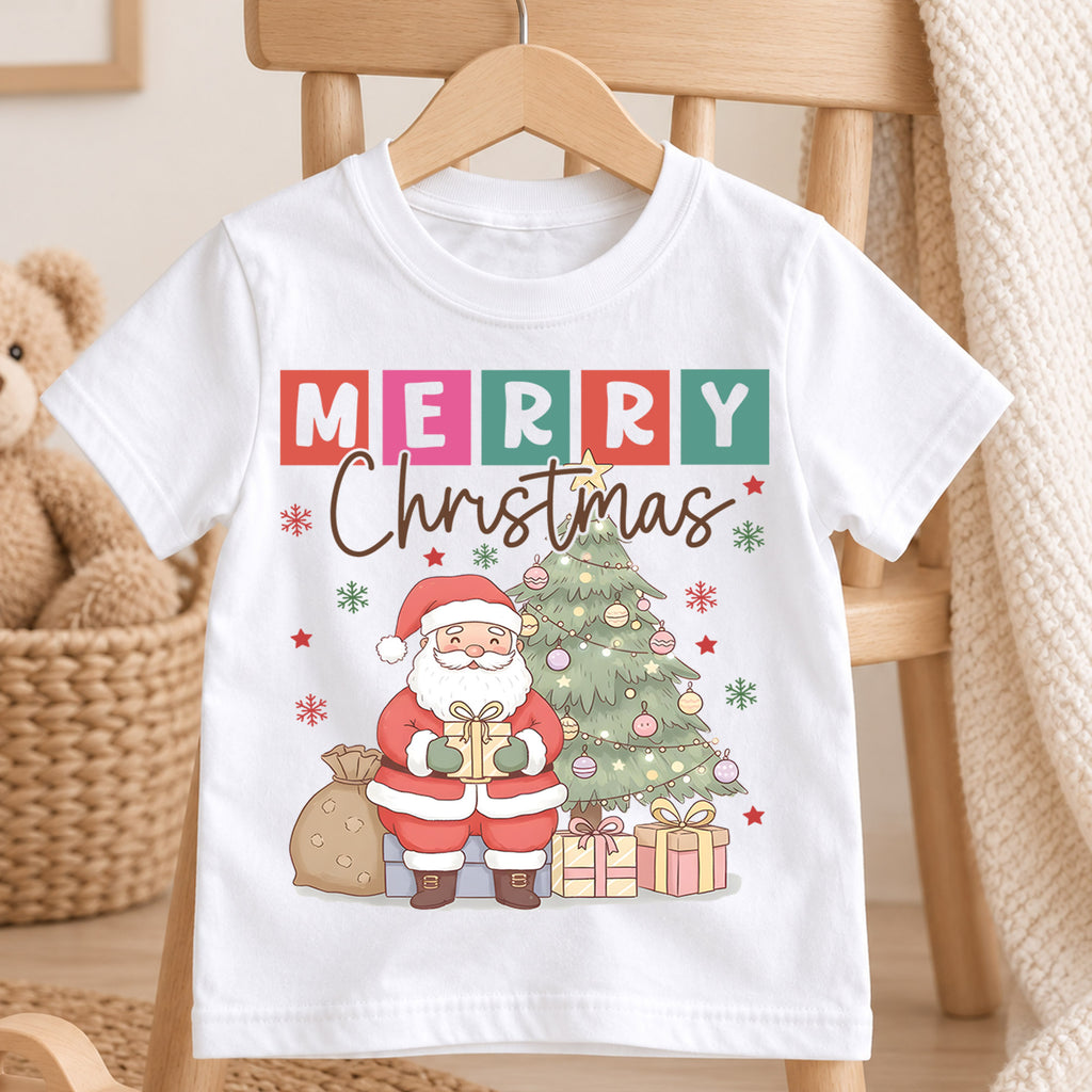 Merry Christmas Kids Shirt, Cute Santa Christmas Tree Tee, Pastel Holiday T Shirt, Festive Christmas Gift for Kids — product view 4