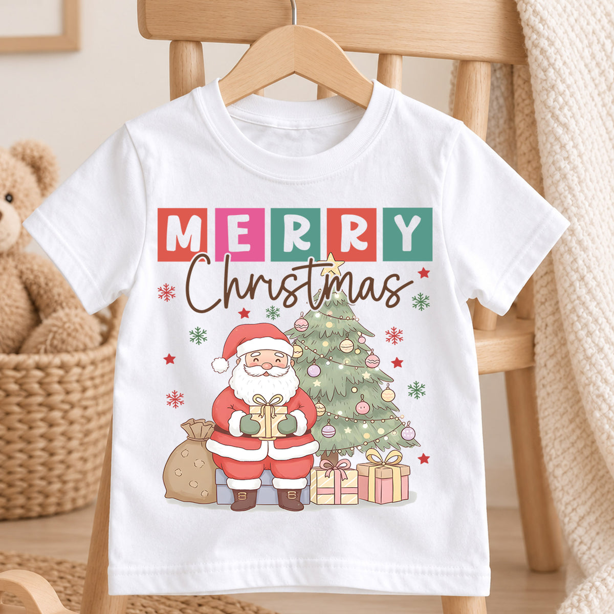 Merry Christmas Kids Shirt, Cute Santa Christmas Tree Tee, Pastel Holiday T Shirt, Festive Christmas Gift for Kids — product view 4