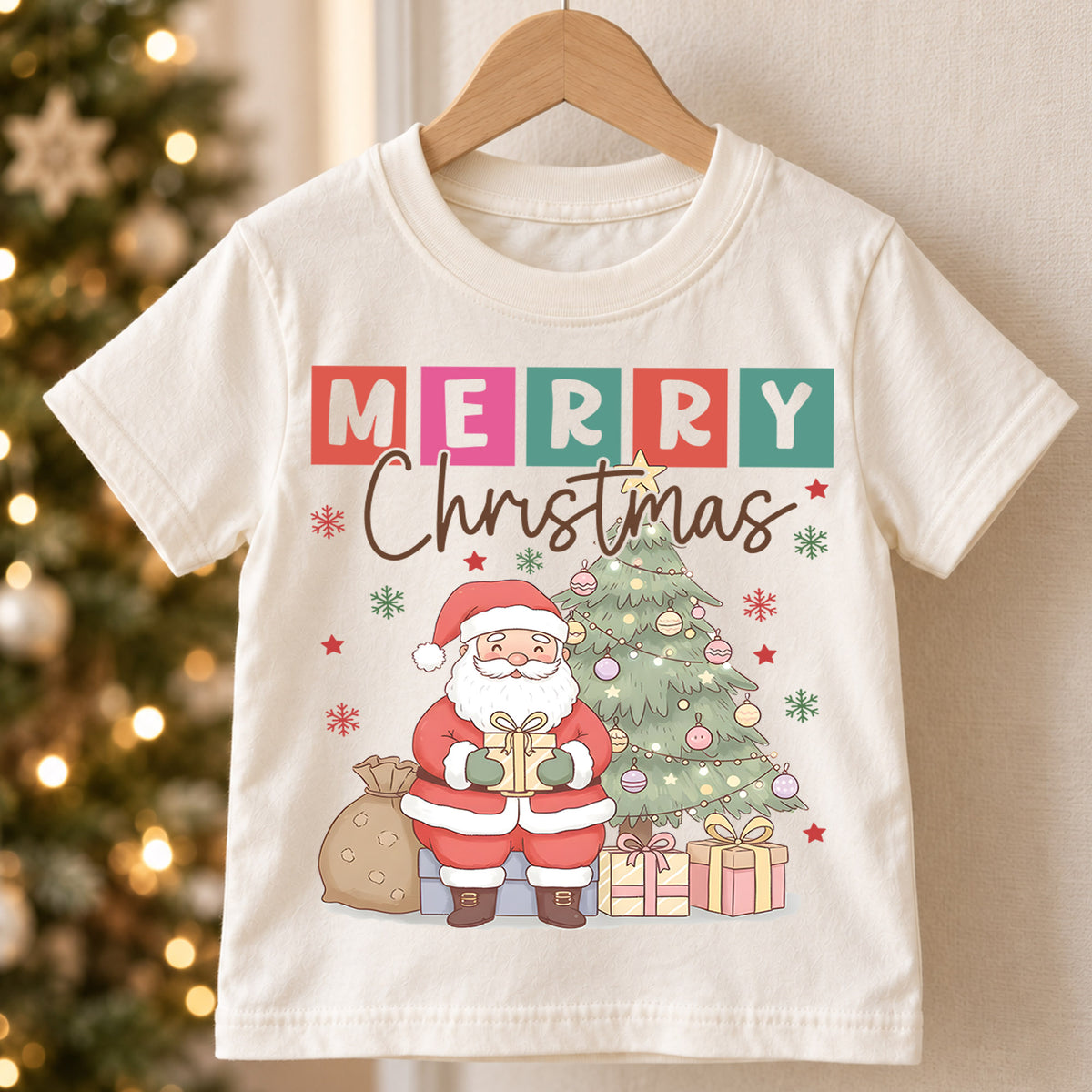Merry Christmas Kids Shirt, Cute Santa Christmas Tree Tee, Pastel Holiday T Shirt, Festive Christmas Gift for Kids — product view 5