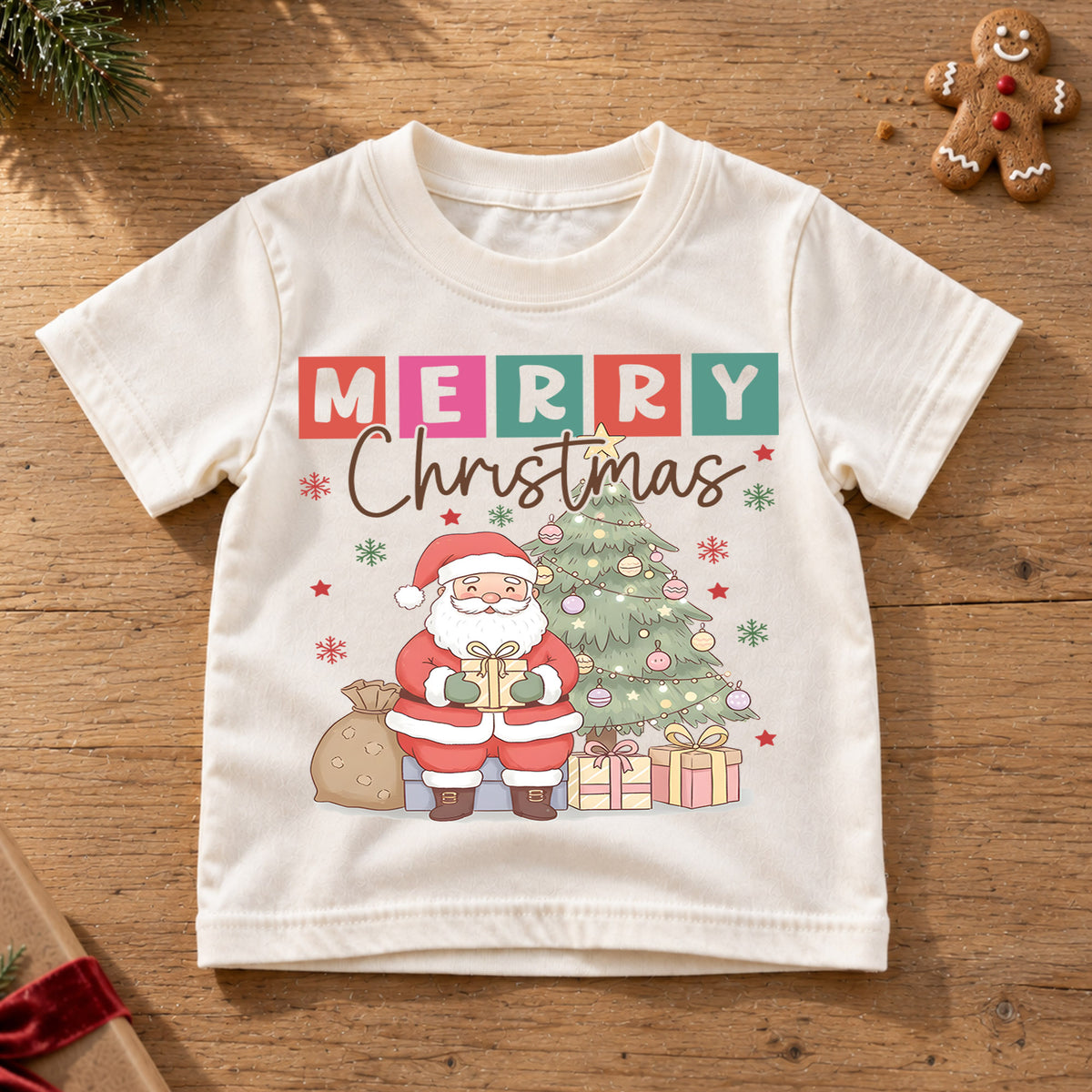 Merry Christmas Kids Shirt, Cute Santa Christmas Tree Tee, Pastel Holiday T Shirt, Festive Christmas Gift for Kids — product view 6