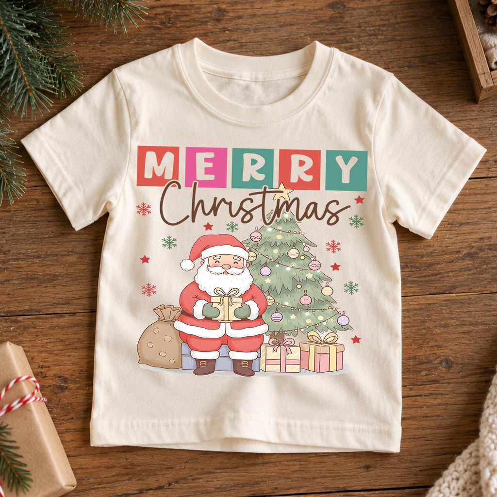 Merry Christmas Kids Shirt, Cute Santa Christmas Tree Tee, Pastel Holiday T Shirt, Festive Christmas Gift for Kids — product view 7