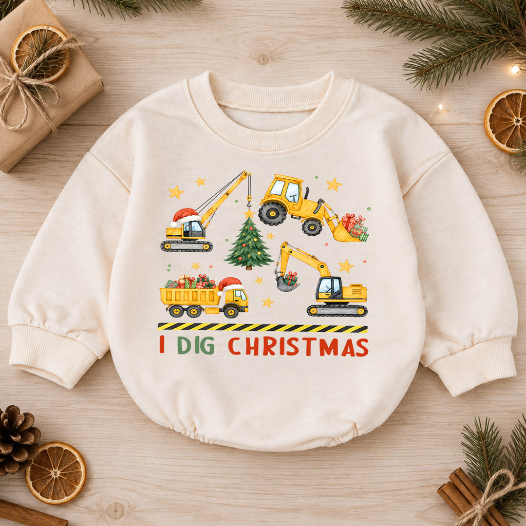I Dig Christmas Construction Romper, Excavator Truck Holiday Romper, Christmas Construction Outfit, Xmas Gift for Boys — product view 1