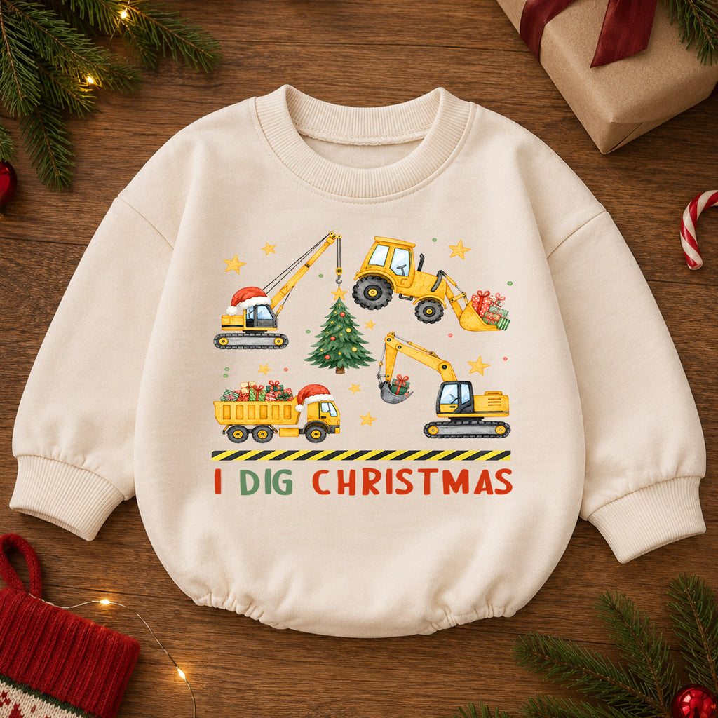 I Dig Christmas Construction Romper, Excavator Truck Holiday Romper, Christmas Construction Outfit, Xmas Gift for Boys — product view 2