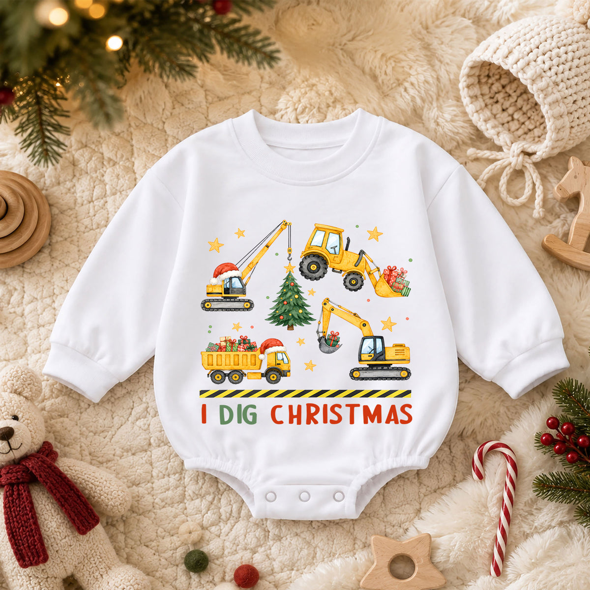 I Dig Christmas Construction Romper, Excavator Truck Holiday Romper, Christmas Construction Outfit, Xmas Gift for Boys — product view 3