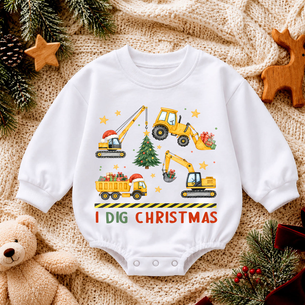 I Dig Christmas Construction Romper, Excavator Truck Holiday Romper, Christmas Construction Outfit, Xmas Gift for Boys — product view 4