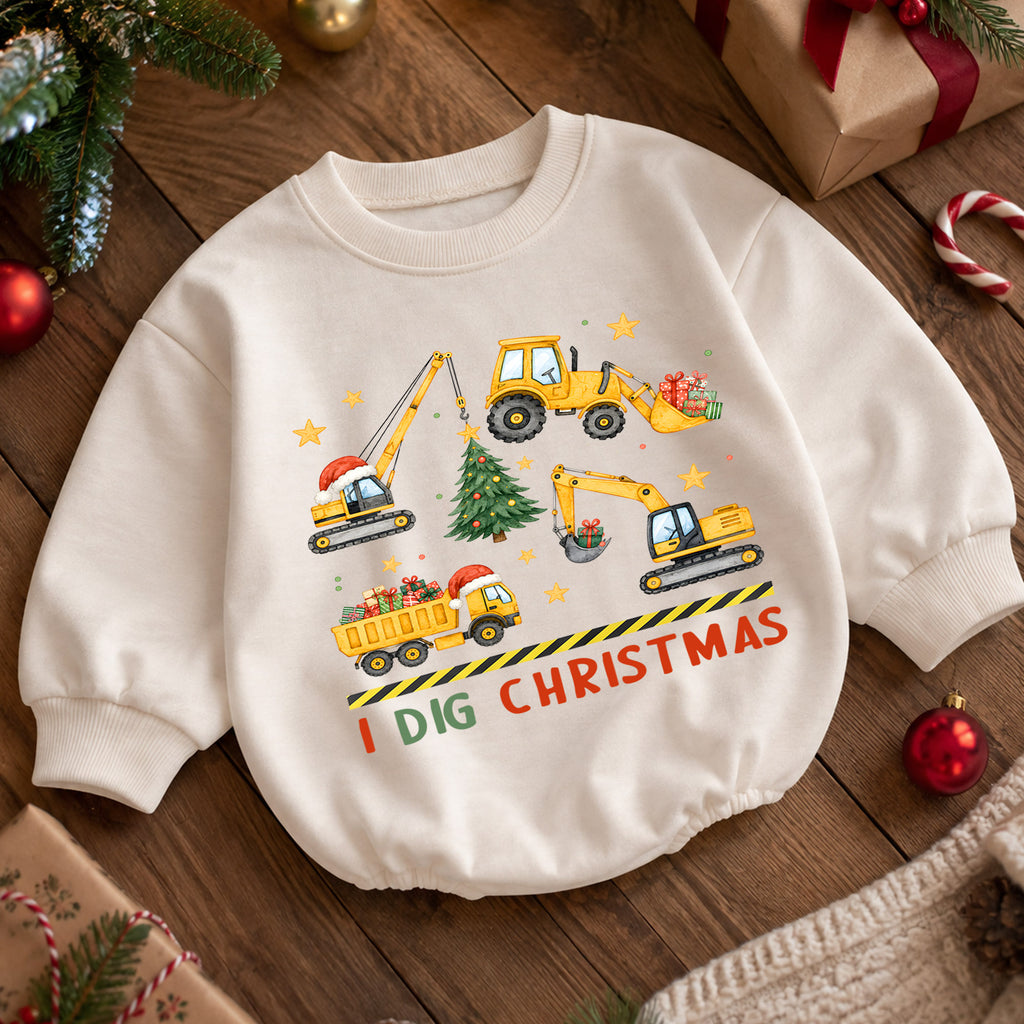 I Dig Christmas Construction Romper, Excavator Truck Holiday Romper, Christmas Construction Outfit, Xmas Gift for Boys — product view 5