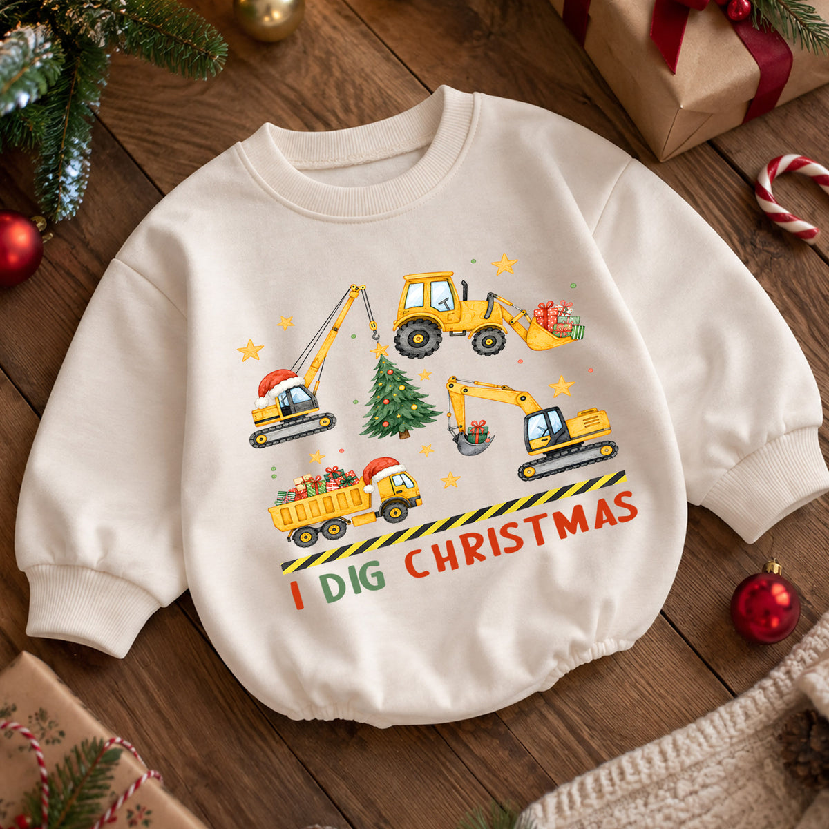 I Dig Christmas Construction Romper, Excavator Truck Holiday Romper, Christmas Construction Outfit, Xmas Gift for Boys — product view 5