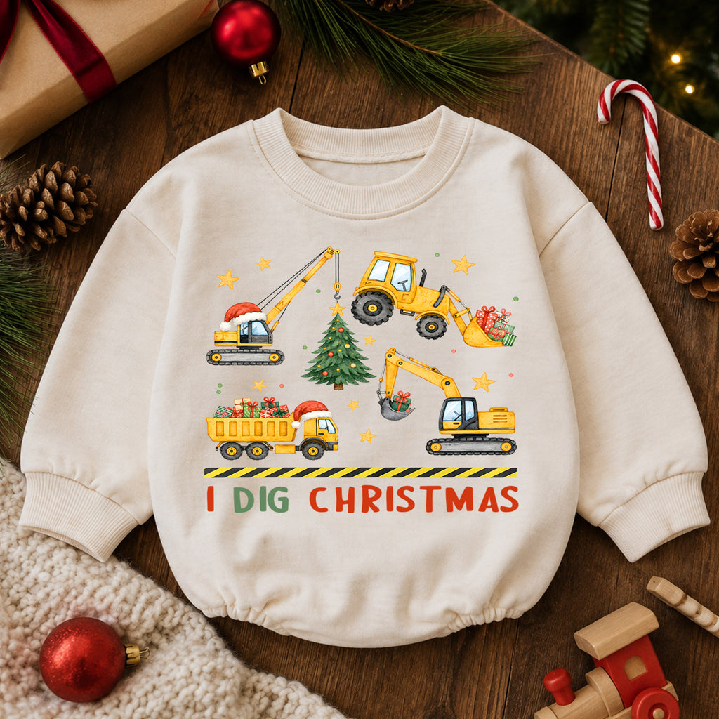 I Dig Christmas Construction Romper, Excavator Truck Holiday Romper, Christmas Construction Outfit, Xmas Gift for Boys — product view 6