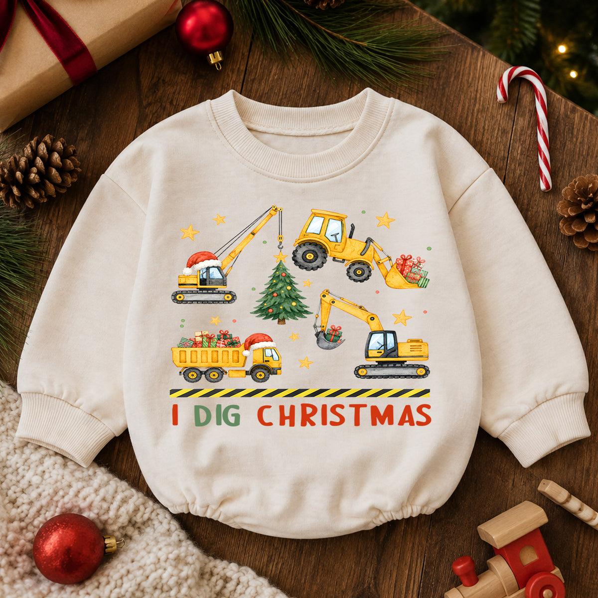 I Dig Christmas Construction Romper, Excavator Truck Holiday Romper, Christmas Construction Outfit, Xmas Gift for Boys — product view 6