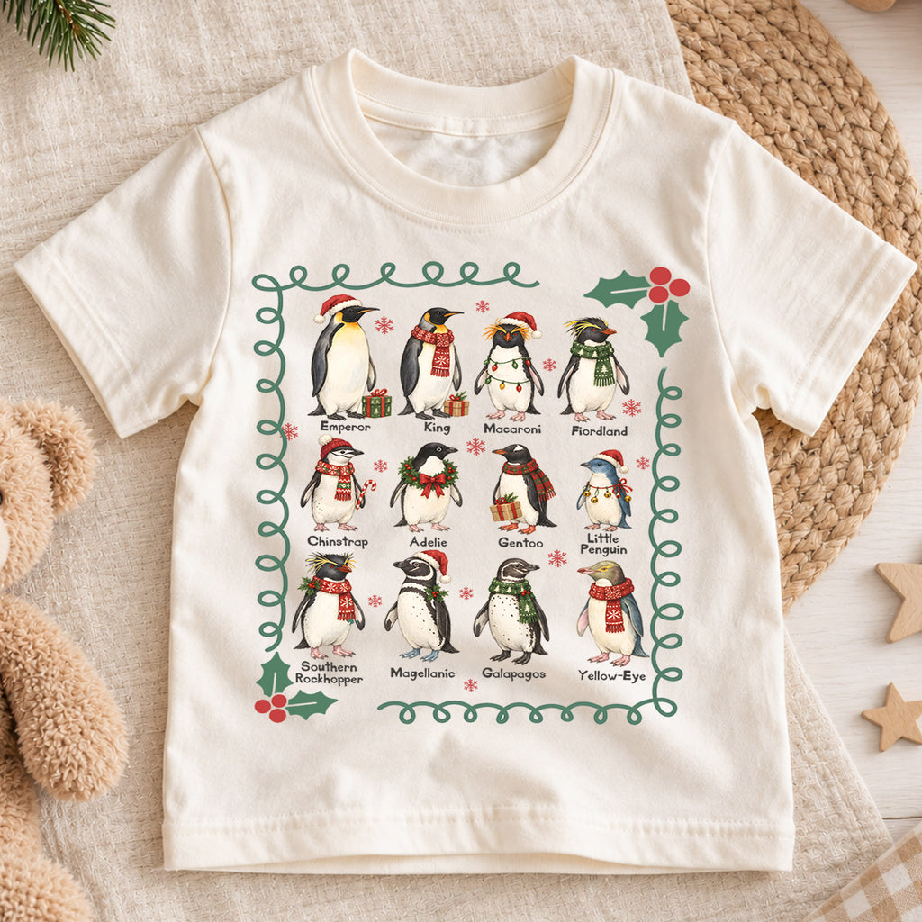 Christmas Penguin Kids Shirt, Penguin Species Holiday Tee, Educational Penguin T Shirt, Winter Animal Xmas Gift for Kids — product view 1