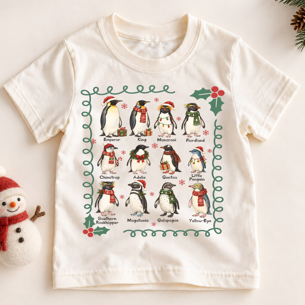 Christmas Penguin Kids Shirt, Penguin Species Holiday Tee, Educational Penguin T Shirt, Winter Animal Xmas Gift for Kids — product view 2