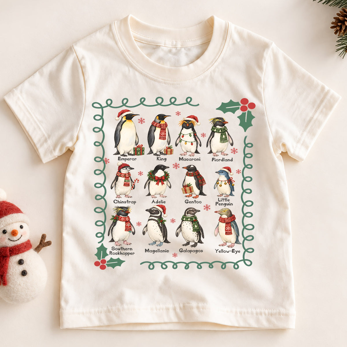 Christmas Penguin Kids Shirt, Penguin Species Holiday Tee, Educational Penguin T Shirt, Winter Animal Xmas Gift for Kids — product view 2