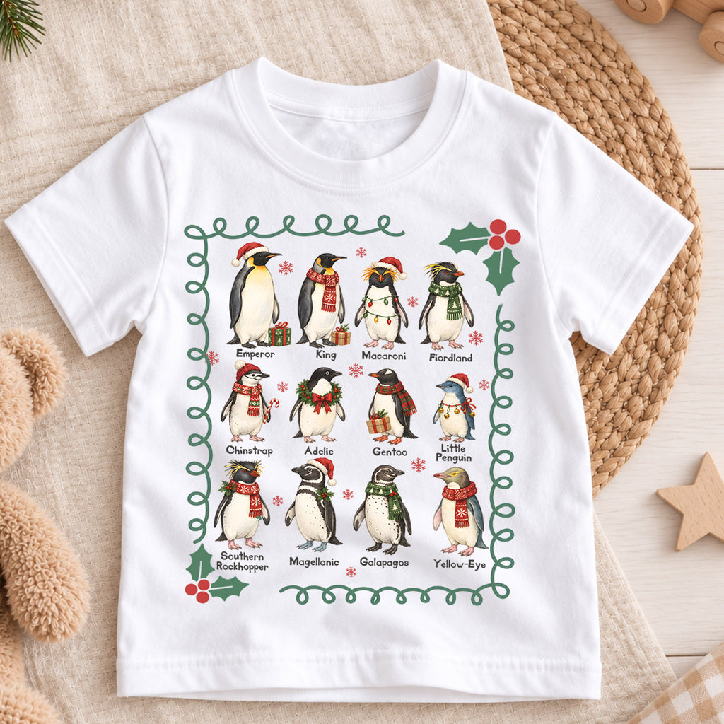 Christmas Penguin Kids Shirt, Penguin Species Holiday Tee, Educational Penguin T Shirt, Winter Animal Xmas Gift for Kids — product view 3