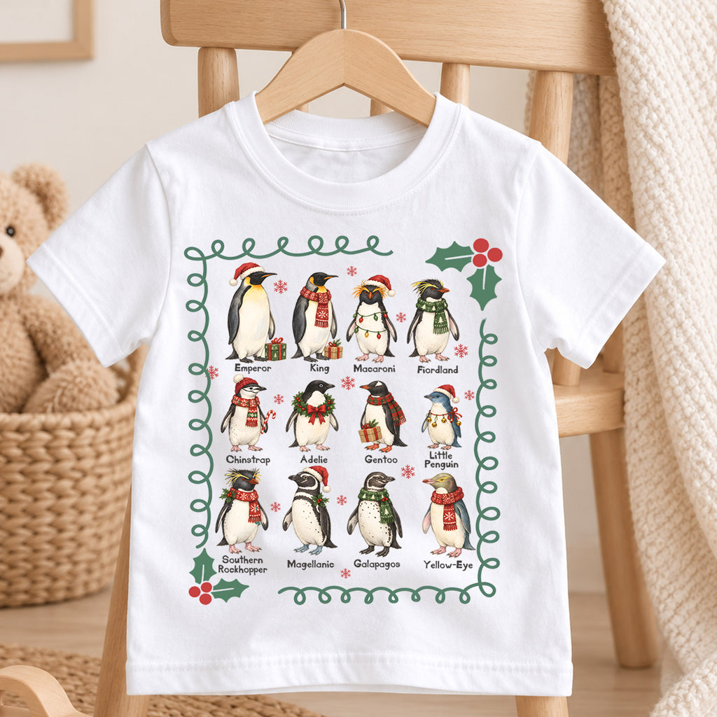 Christmas Penguin Kids Shirt, Penguin Species Holiday Tee, Educational Penguin T Shirt, Winter Animal Xmas Gift for Kids — product view 4