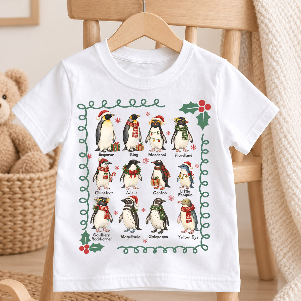 Christmas Penguin Kids Shirt, Penguin Species Holiday Tee, Educational Penguin T Shirt, Winter Animal Xmas Gift for Kids — product view 4