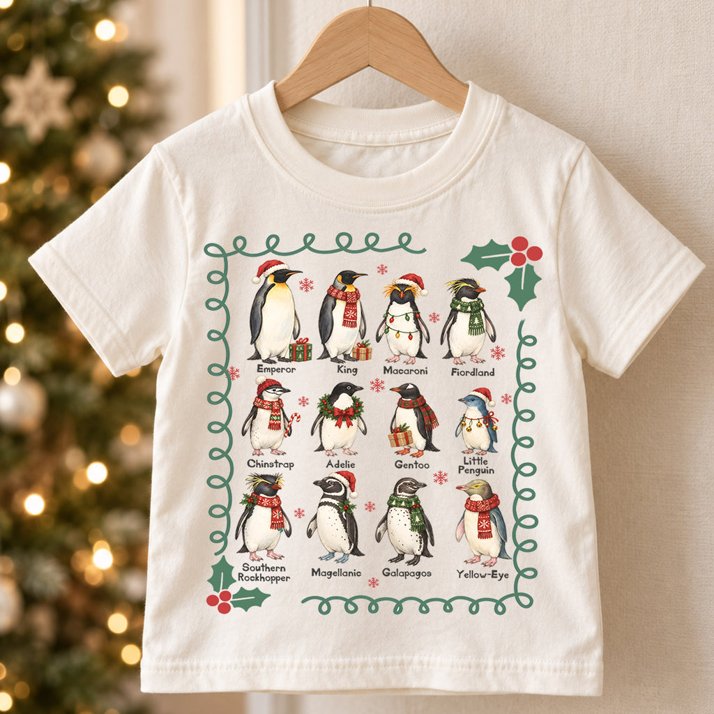 Christmas Penguin Kids Shirt, Penguin Species Holiday Tee, Educational Penguin T Shirt, Winter Animal Xmas Gift for Kids — product view 5