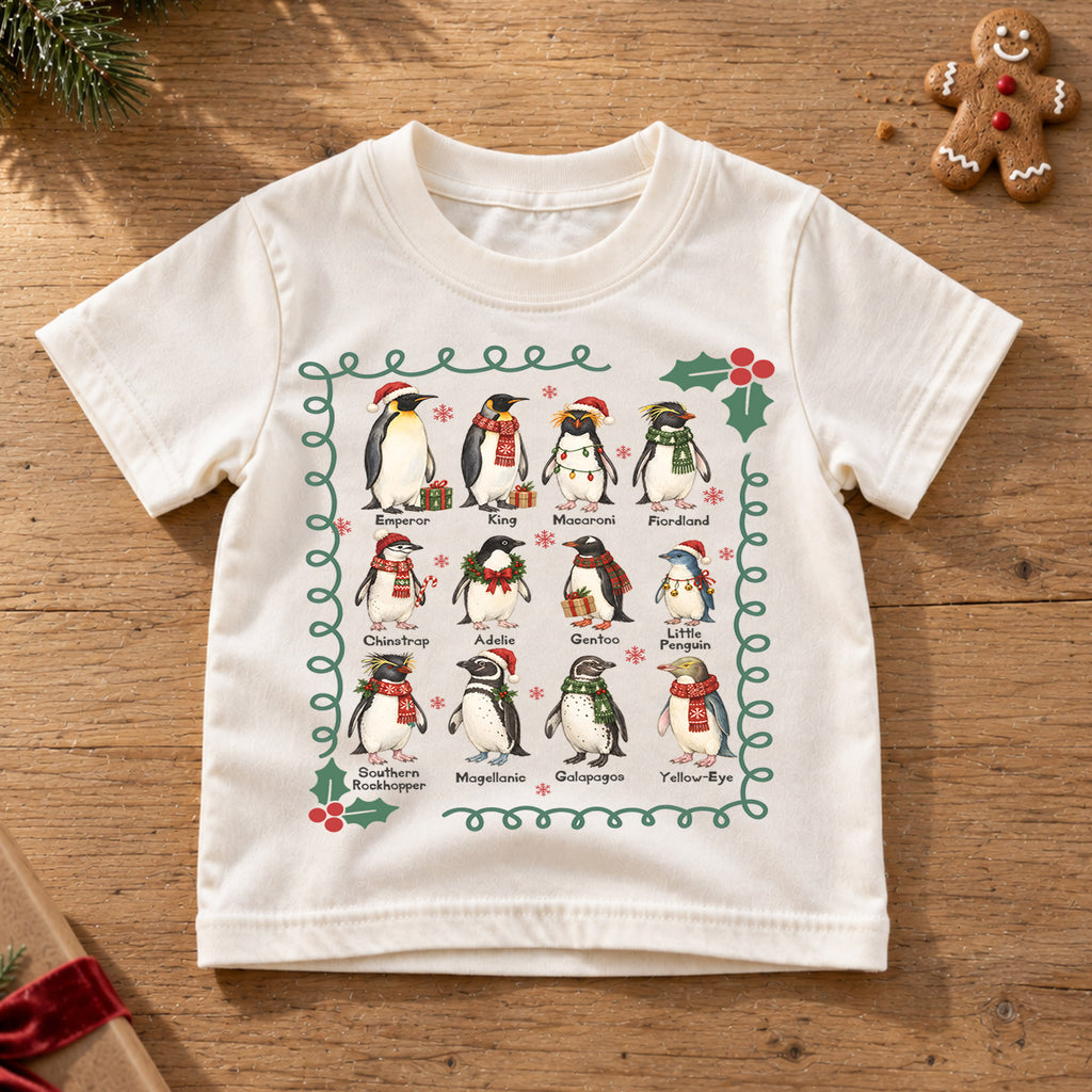 Christmas Penguin Kids Shirt, Penguin Species Holiday Tee, Educational Penguin T Shirt, Winter Animal Xmas Gift for Kids — product view 6