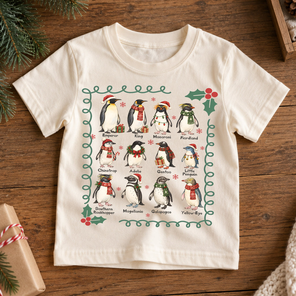 Christmas Penguin Kids Shirt, Penguin Species Holiday Tee, Educational Penguin T Shirt, Winter Animal Xmas Gift for Kids — product view 7