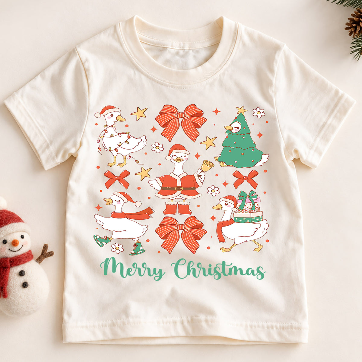 Christmas Goose Kids Shirt, Cute Goose Holiday Tee, Funny Christmas Duck T Shirt, Bow Festive Xmas Gift for Kids — product view 2