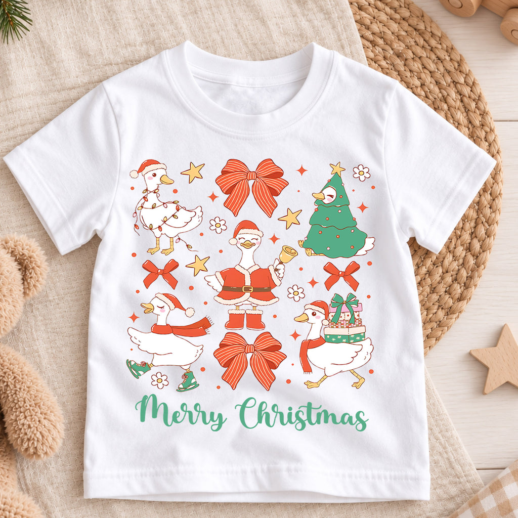 Christmas Goose Kids Shirt, Cute Goose Holiday Tee, Funny Christmas Duck T Shirt, Bow Festive Xmas Gift for Kids — product view 3