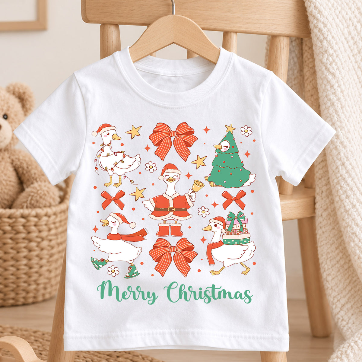 Christmas Goose Kids Shirt, Cute Goose Holiday Tee, Funny Christmas Duck T Shirt, Bow Festive Xmas Gift for Kids — product view 4