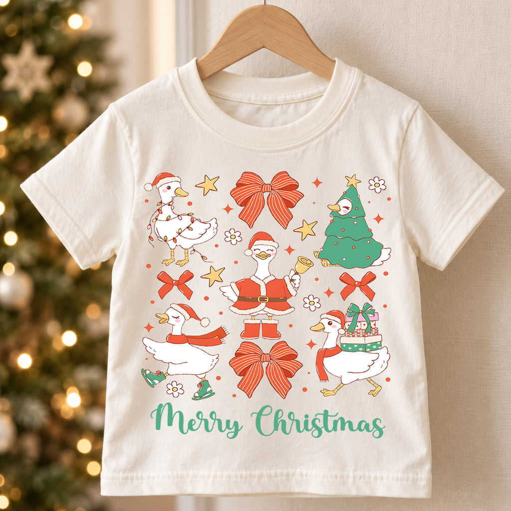 Christmas Goose Kids Shirt, Cute Goose Holiday Tee, Funny Christmas Duck T Shirt, Bow Festive Xmas Gift for Kids — product view 5