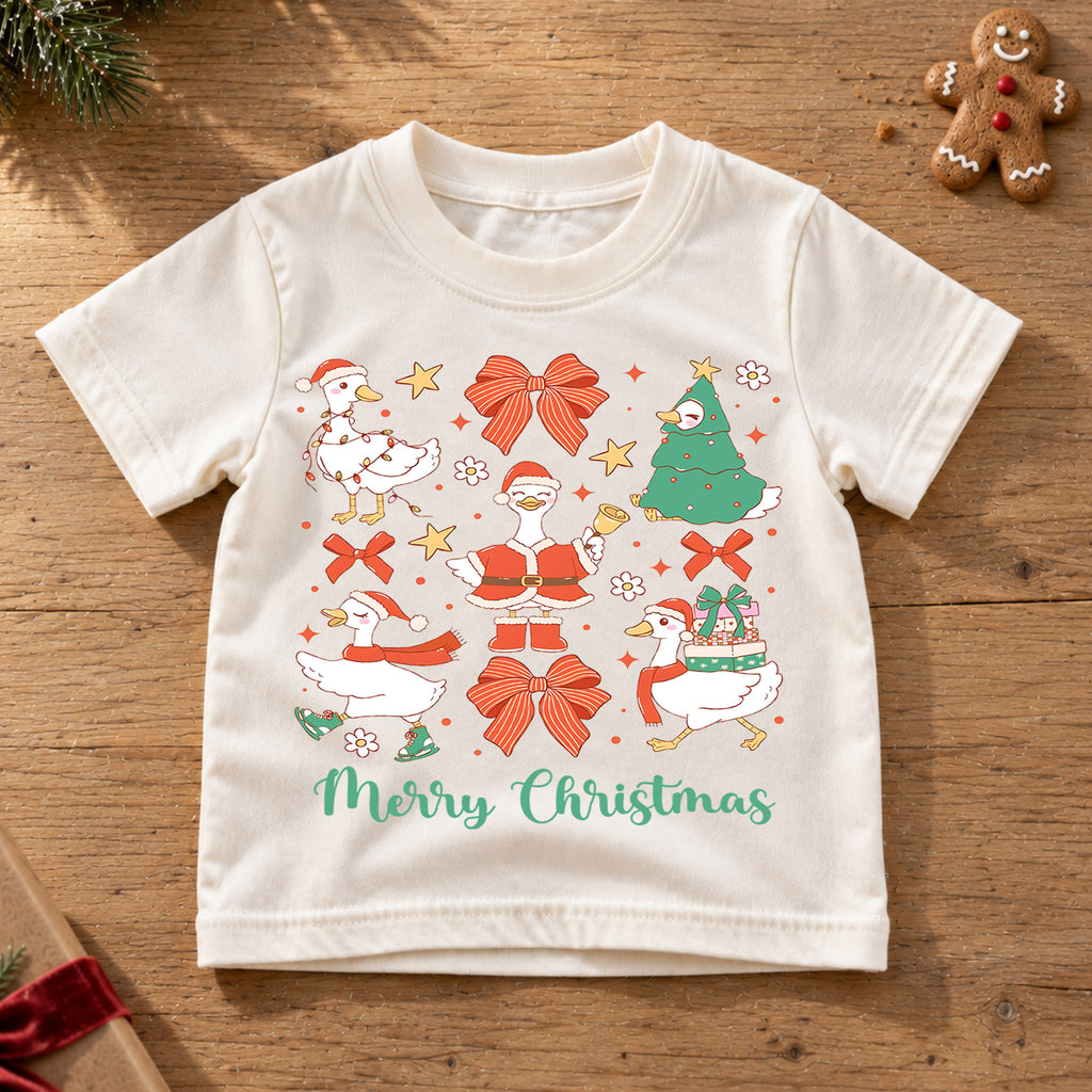 Christmas Goose Kids Shirt, Cute Goose Holiday Tee, Funny Christmas Duck T Shirt, Bow Festive Xmas Gift for Kids — product view 6