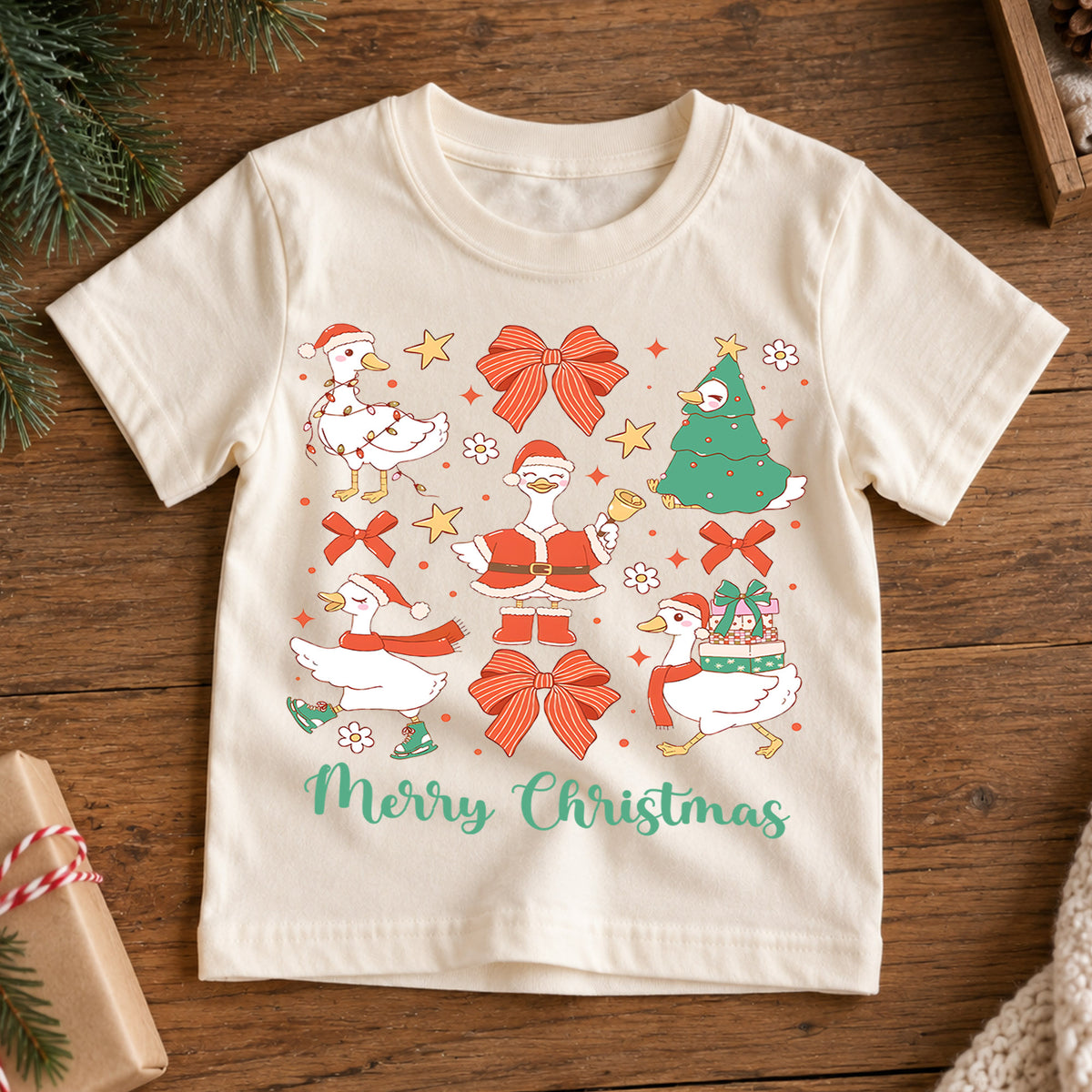 Christmas Goose Kids Shirt, Cute Goose Holiday Tee, Funny Christmas Duck T Shirt, Bow Festive Xmas Gift for Kids — product view 7