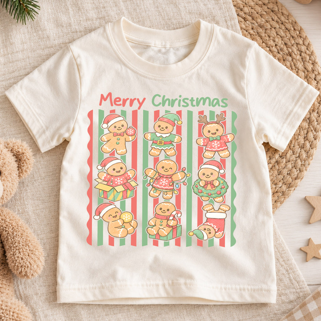 Merry Christmas Gingerbread Kids Shirt, Cute Gingerbread Character Tee, Retro Holiday Christmas Shirt for Kids, Sweet Festive Christmas Outfit — product view 1