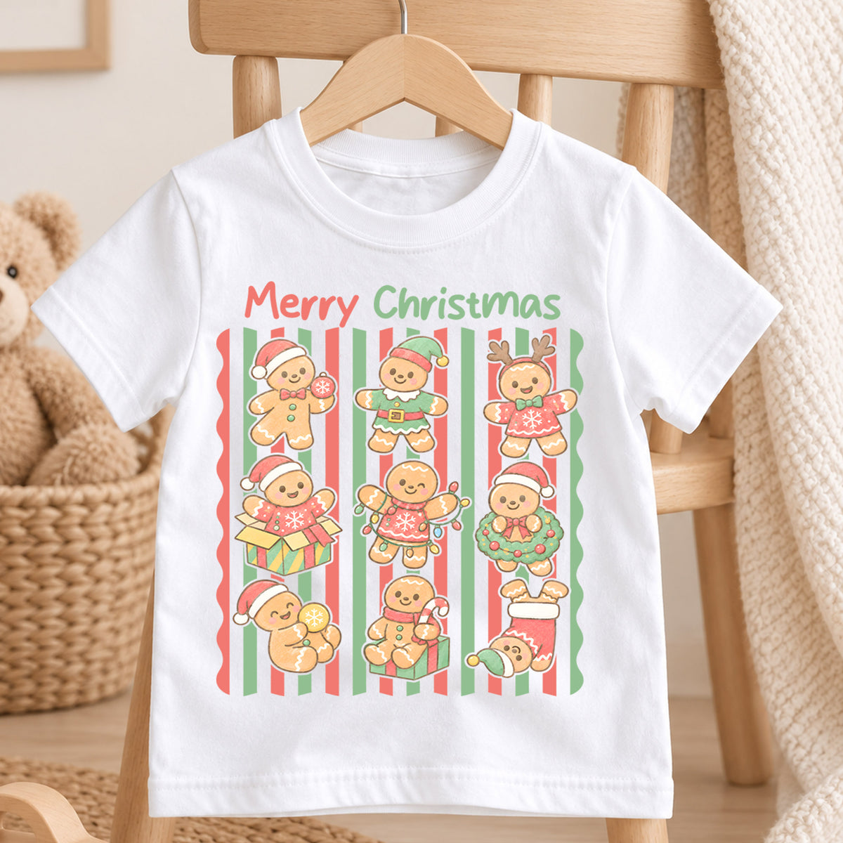 Merry Christmas Gingerbread Kids Shirt, Cute Gingerbread Character Tee, Retro Holiday Christmas Shirt for Kids, Sweet Festive Christmas Outfit — product view 4