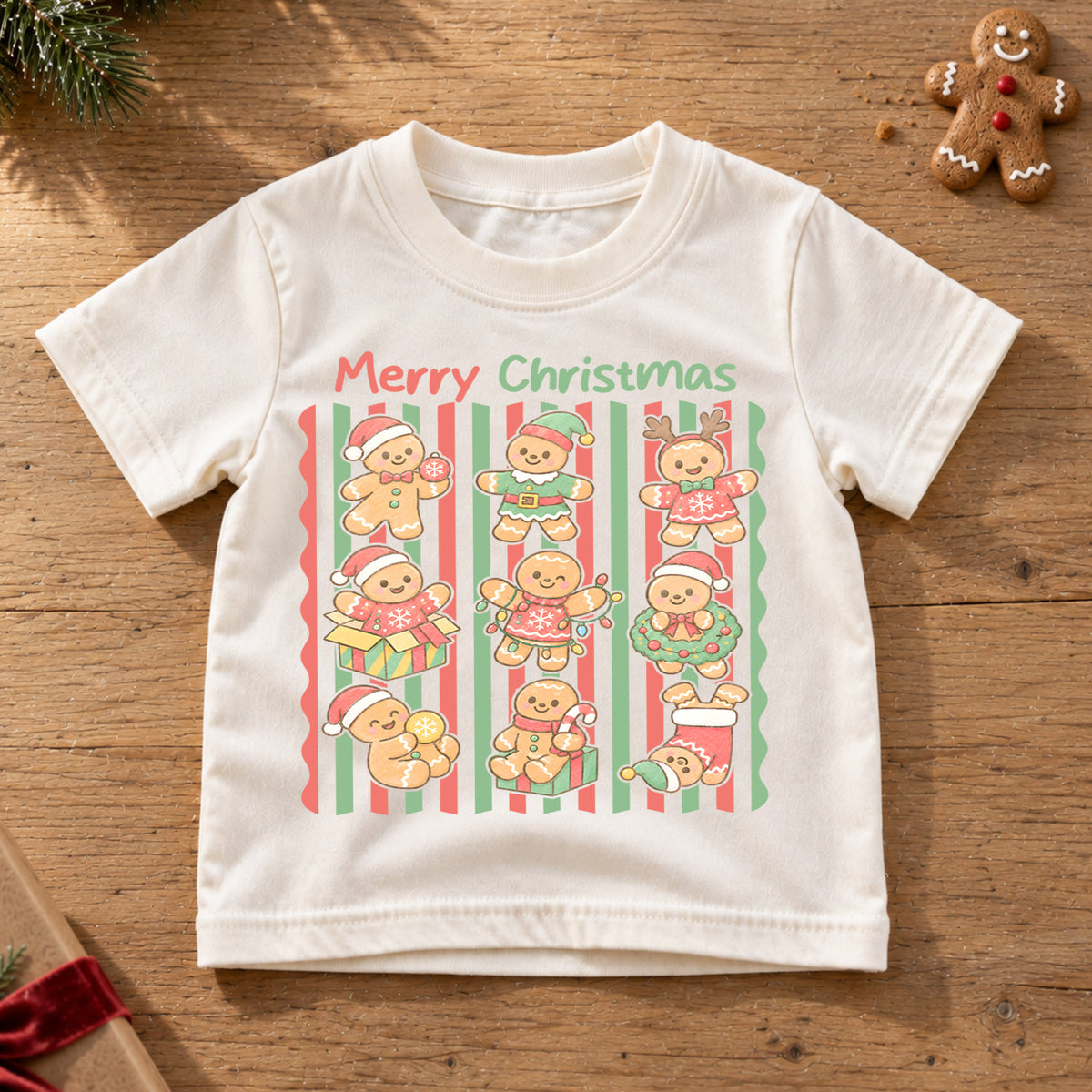 Merry Christmas Gingerbread Kids Shirt, Cute Gingerbread Character Tee, Retro Holiday Christmas Shirt for Kids, Sweet Festive Christmas Outfit — product view 6