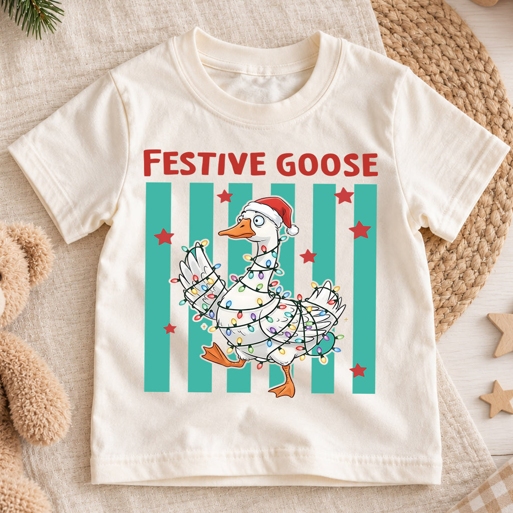 Festive Goose Kids Christmas Shirt, Funny Goose Christmas Lights Tee, Santa Hat Goose Holiday T Shirt, Cute Xmas Gift for Kids — product view 1