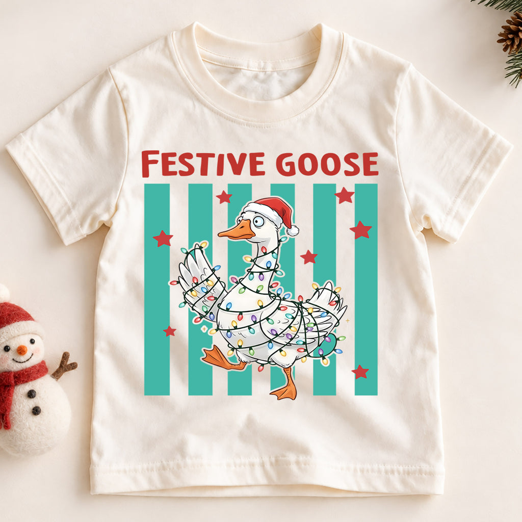 Festive Goose Kids Christmas Shirt, Funny Goose Christmas Lights Tee, Santa Hat Goose Holiday T Shirt, Cute Xmas Gift for Kids — product view 2