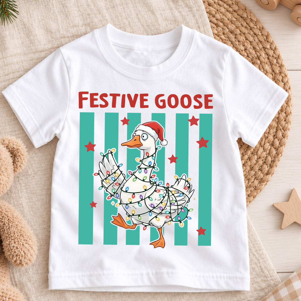 Festive Goose Kids Christmas Shirt, Funny Goose Christmas Lights Tee, Santa Hat Goose Holiday T Shirt, Cute Xmas Gift for Kids — product view 3