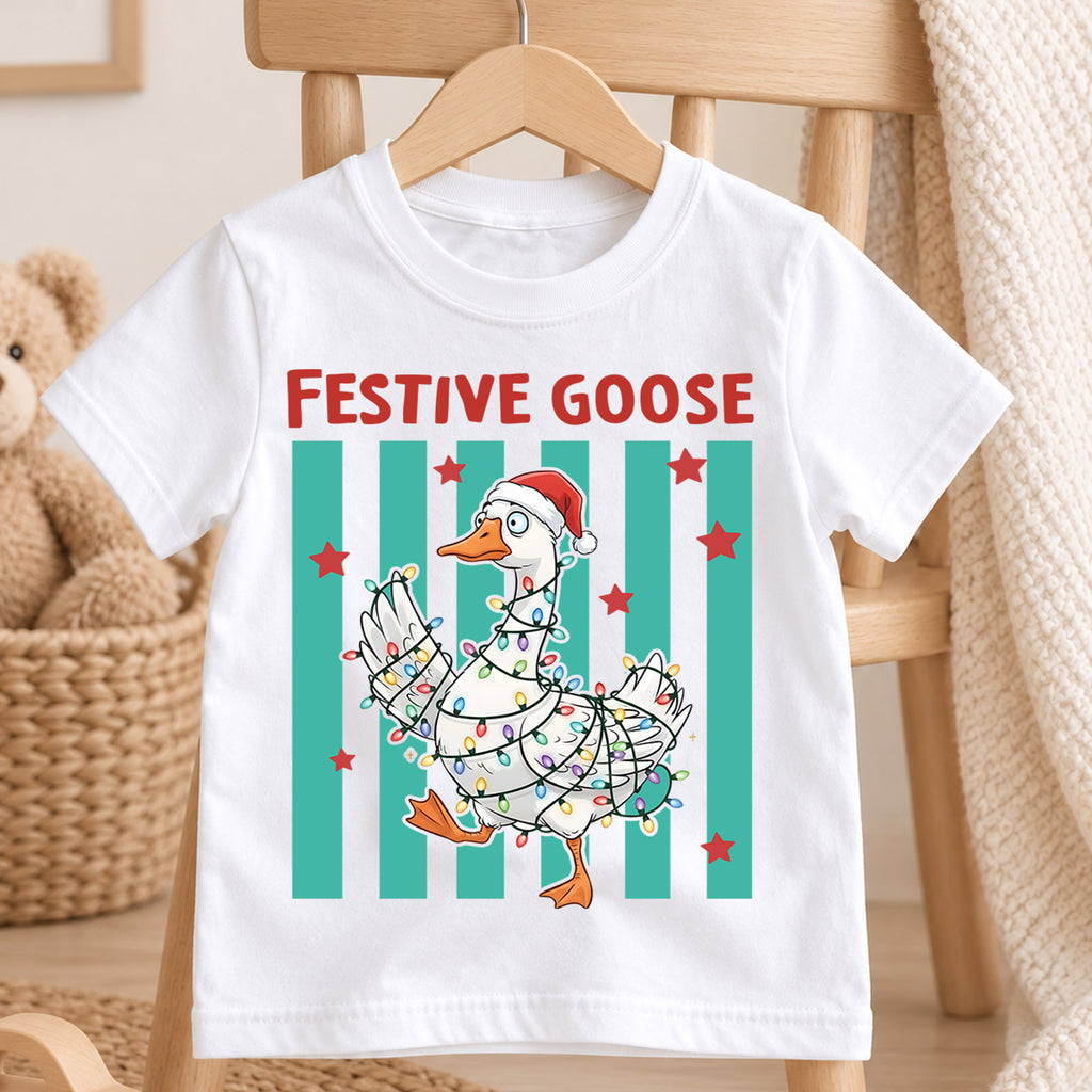 Festive Goose Kids Christmas Shirt, Funny Goose Christmas Lights Tee, Santa Hat Goose Holiday T Shirt, Cute Xmas Gift for Kids — product view 4