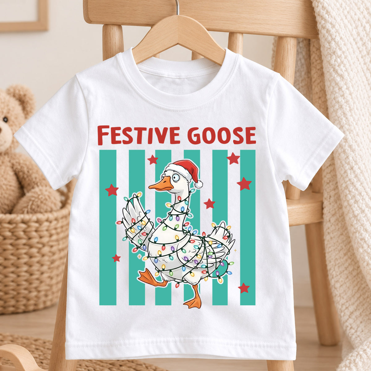 Festive Goose Kids Christmas Shirt, Funny Goose Christmas Lights Tee, Santa Hat Goose Holiday T Shirt, Cute Xmas Gift for Kids — product view 4