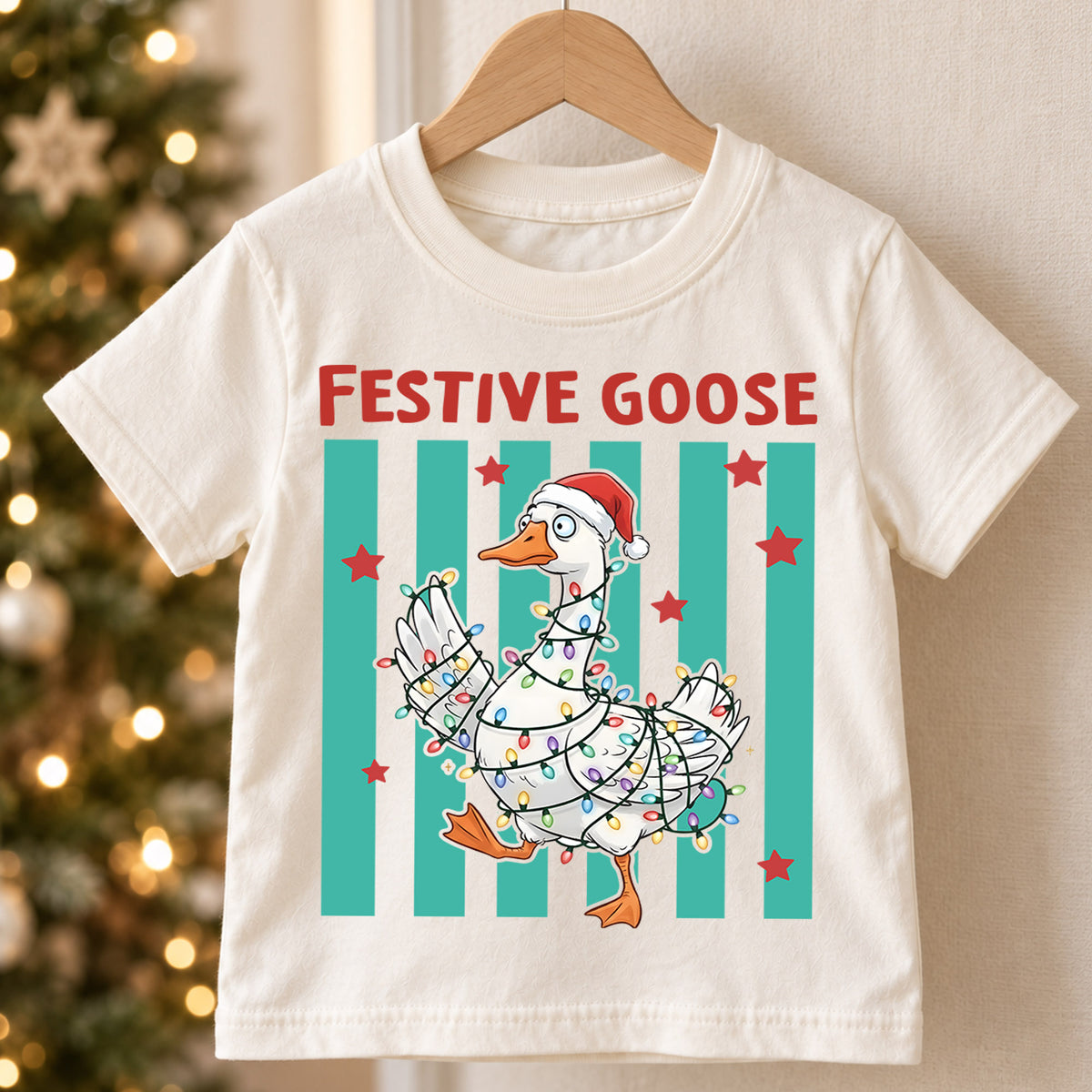 Festive Goose Kids Christmas Shirt, Funny Goose Christmas Lights Tee, Santa Hat Goose Holiday T Shirt, Cute Xmas Gift for Kids — product view 5