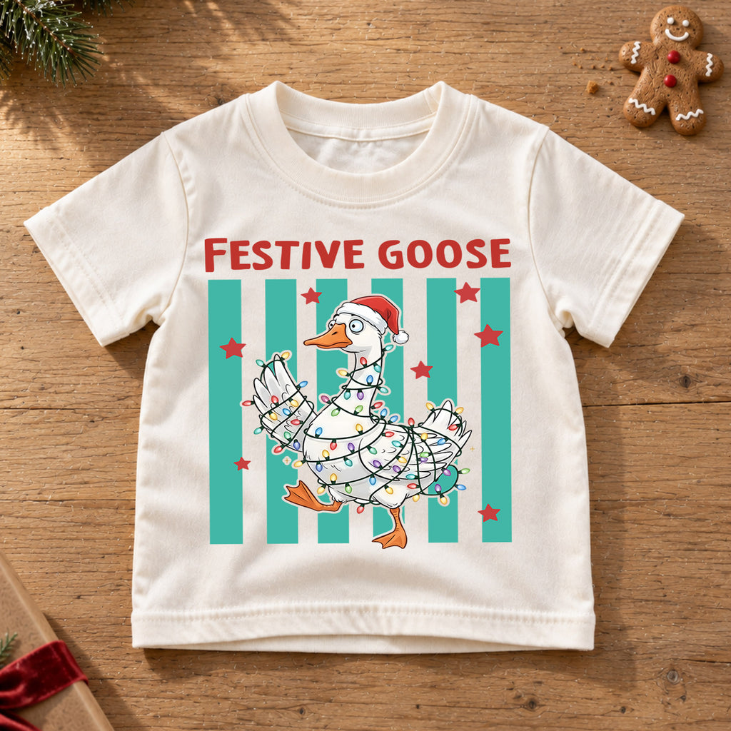 Festive Goose Kids Christmas Shirt, Funny Goose Christmas Lights Tee, Santa Hat Goose Holiday T Shirt, Cute Xmas Gift for Kids — product view 6